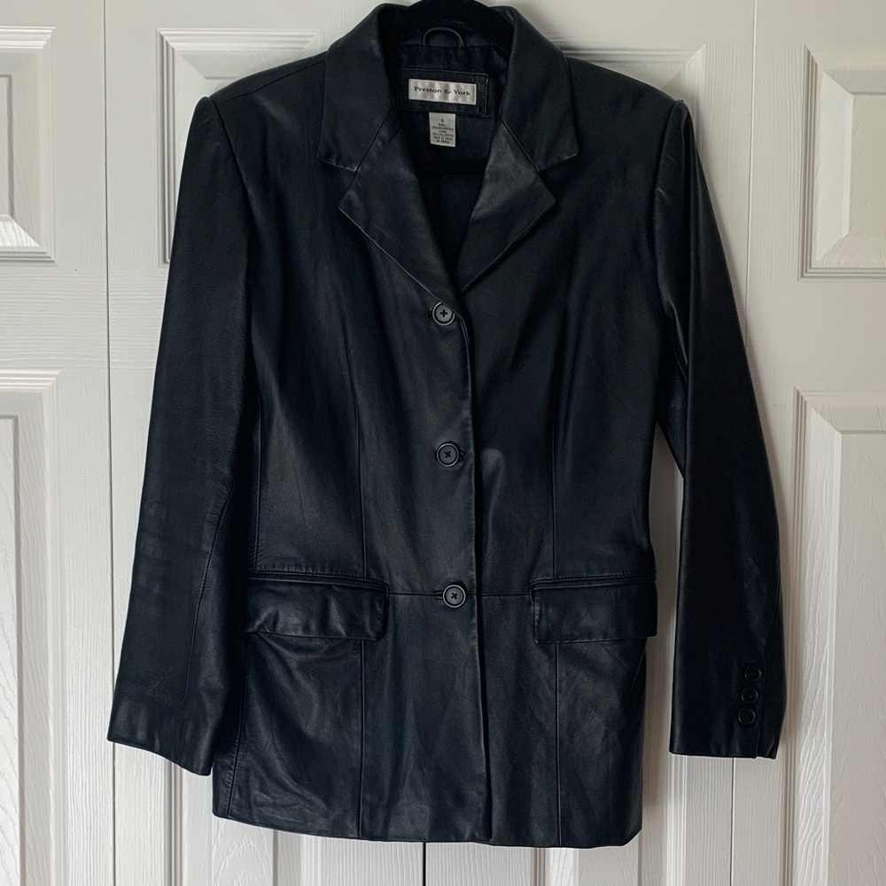 Preston & York Black Leather Blazer Jacket Size S Vintage